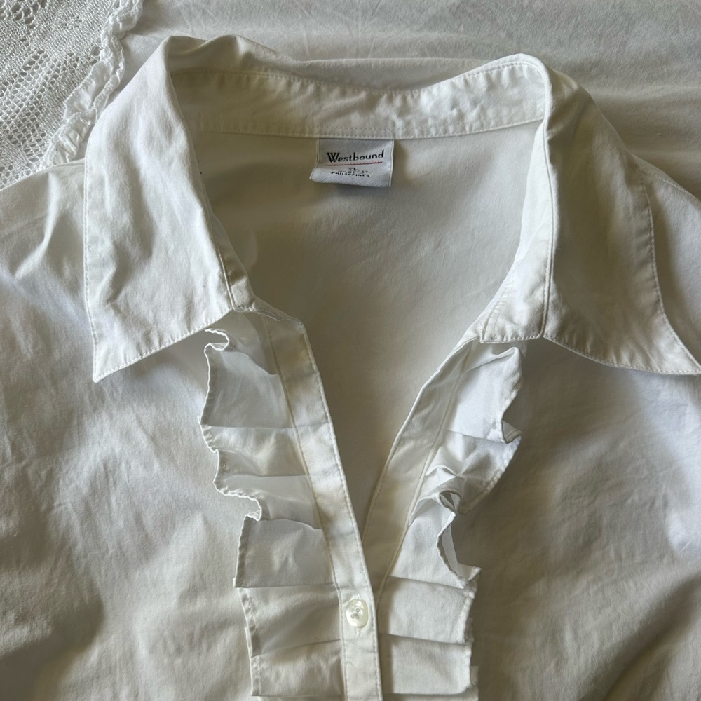 Westbound white ruffled front button down shirt
